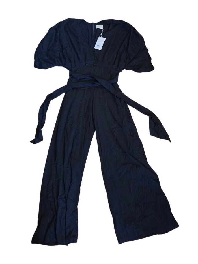 Classic V Neck Black Button Up Wide-Leg Jumpsuit With Waist Tie